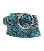 This image showcases the Dreamweaver by Bed Stu, a braided turquoise leather belt with a round brass-tone buckle that exudes vintage allure.