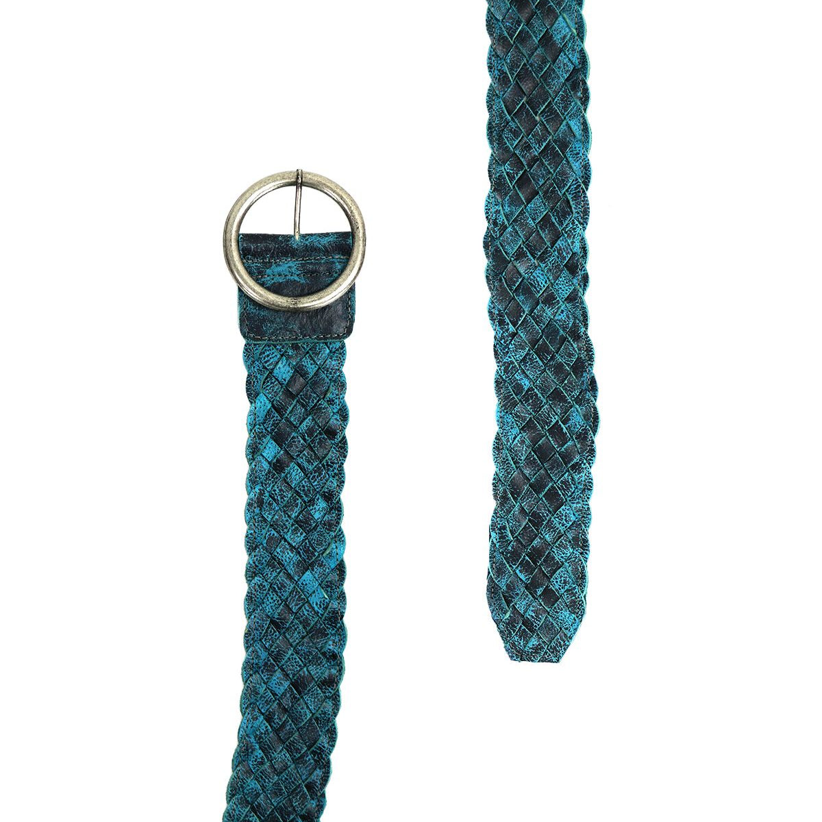 The Dreamweaver belt by Bed Stu, featuring a blue and black woven design with a round brass-tone buckle, exudes vintage allure as it is displayed against a white background.