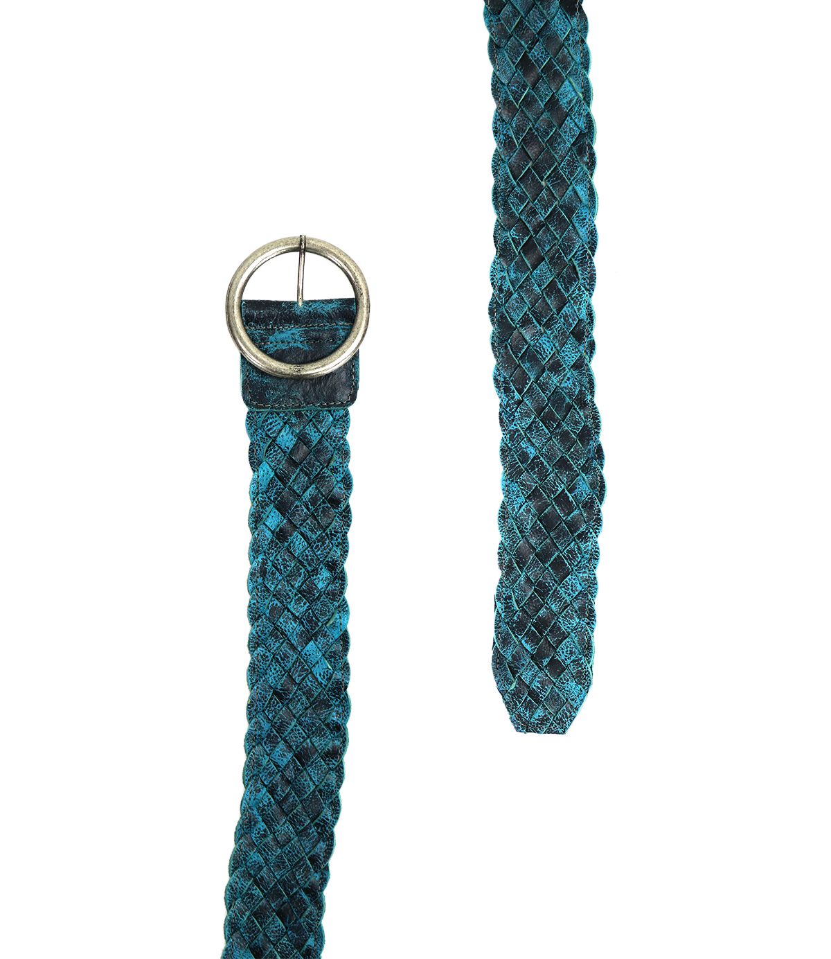 The Dreamweaver belt by Bed Stu, featuring a blue and black woven design with a round brass-tone buckle, exudes vintage allure as it is displayed against a white background.