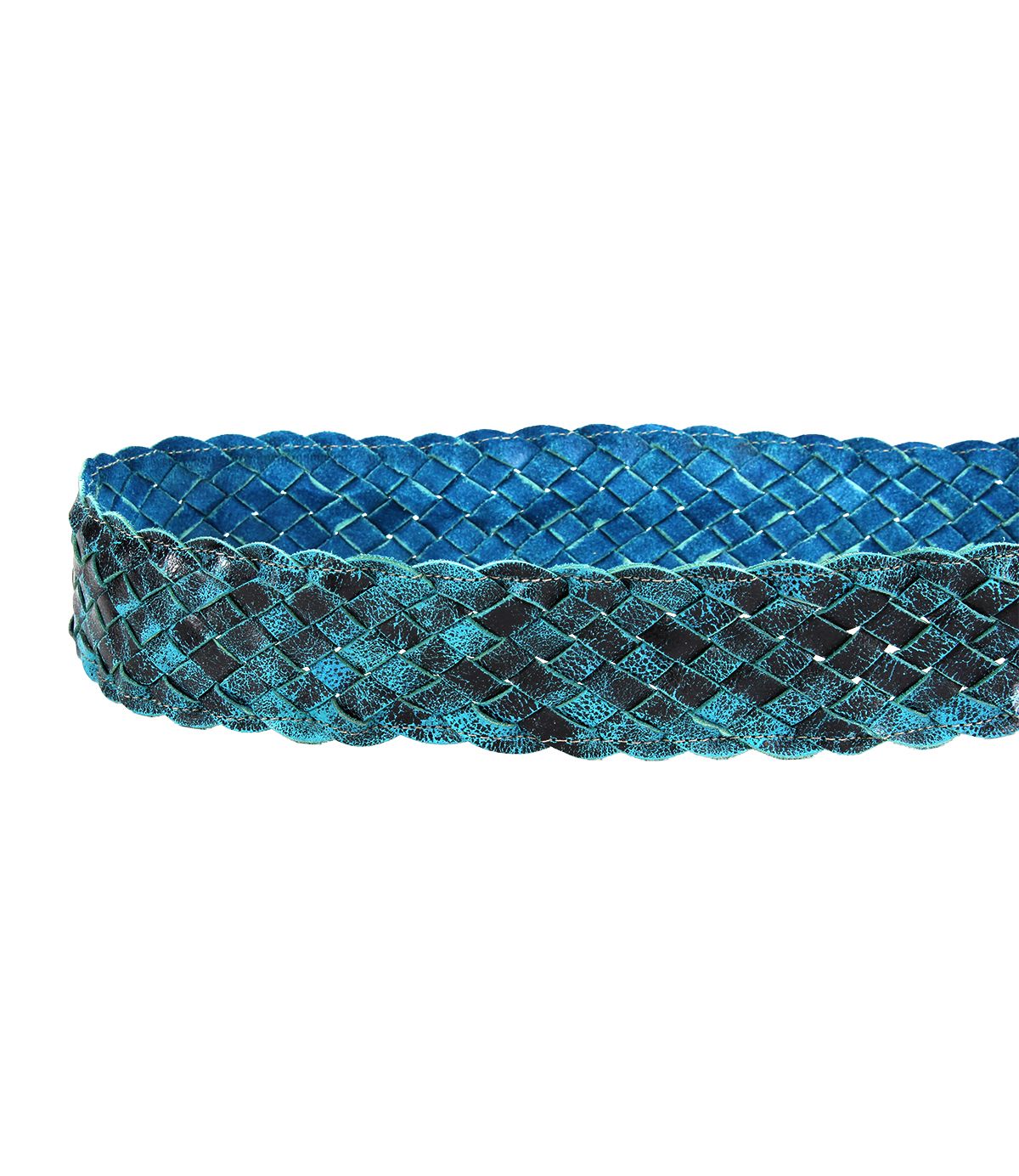 The Dreamweaver belt by Bed Stu, featuring an intricate braided pattern in wide blue and black woven material and a round brass-tone buckle, displayed against a white background.