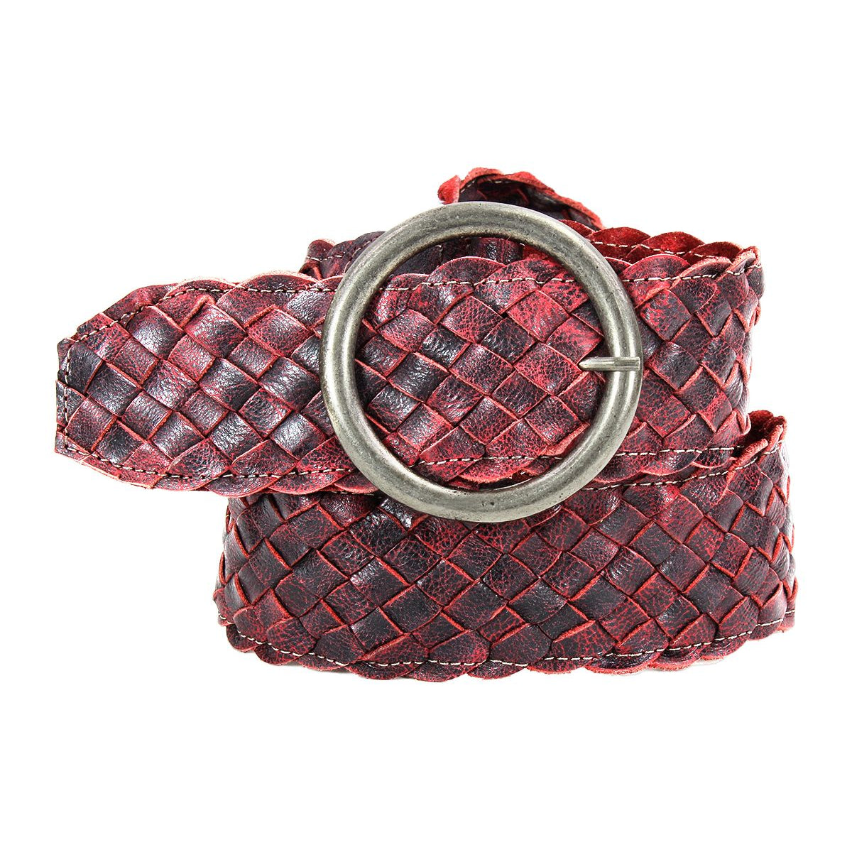 A close-up of the Dreamweaver, a rolled, woven leather belt by Bed Stu with vintage allure and a round brass-tone buckle. The belt features a distressed red and black color scheme.