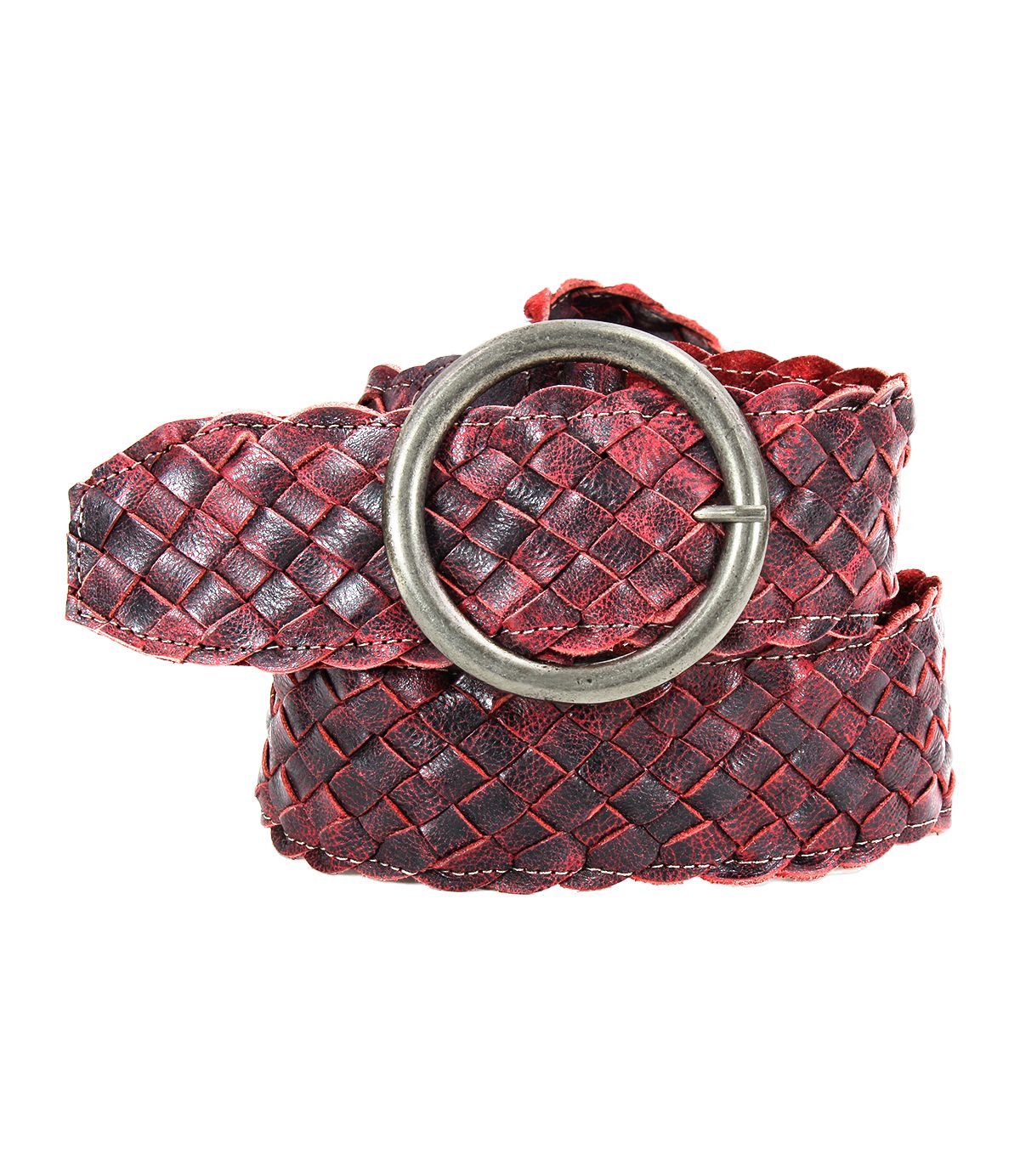 A close-up of the Dreamweaver, a rolled, woven leather belt by Bed Stu with vintage allure and a round brass-tone buckle. The belt features a distressed red and black color scheme.