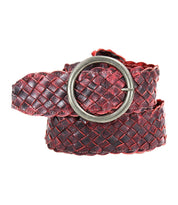 A close-up of the Dreamweaver, a rolled, woven leather belt by Bed Stu with vintage allure and a round brass-tone buckle. The belt features a distressed red and black color scheme.