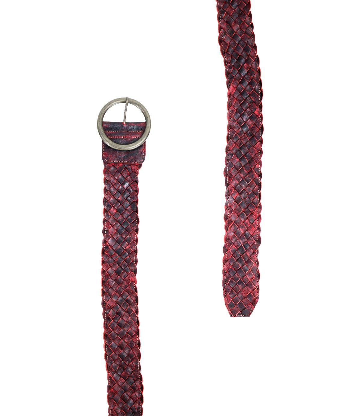 The Bed Stu Dreamweaver belt, featuring a textured red and black woven design with a round brass-tone buckle, is displayed extended, exuding a vintage allure.