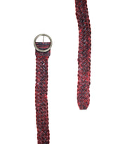 The Bed Stu Dreamweaver belt, featuring a textured red and black woven design with a round brass-tone buckle, is displayed extended, exuding a vintage allure.