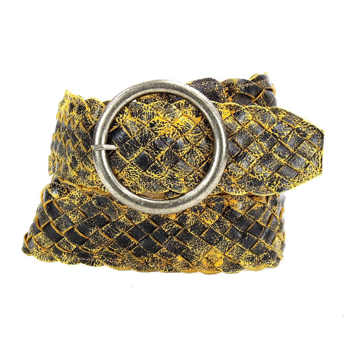 The Dreamweaver belt by Bed Stu, characterized by its black and yellow woven pattern and round brass-tone buckle, exudes vintage allure when coiled in a loop.