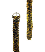 The Dreamweaver by Bed Stu is a distressed leather braided belt with a round brass-tone buckle, available in black and gold, shown from both the buckle end and the tip end, exuding vintage allure.