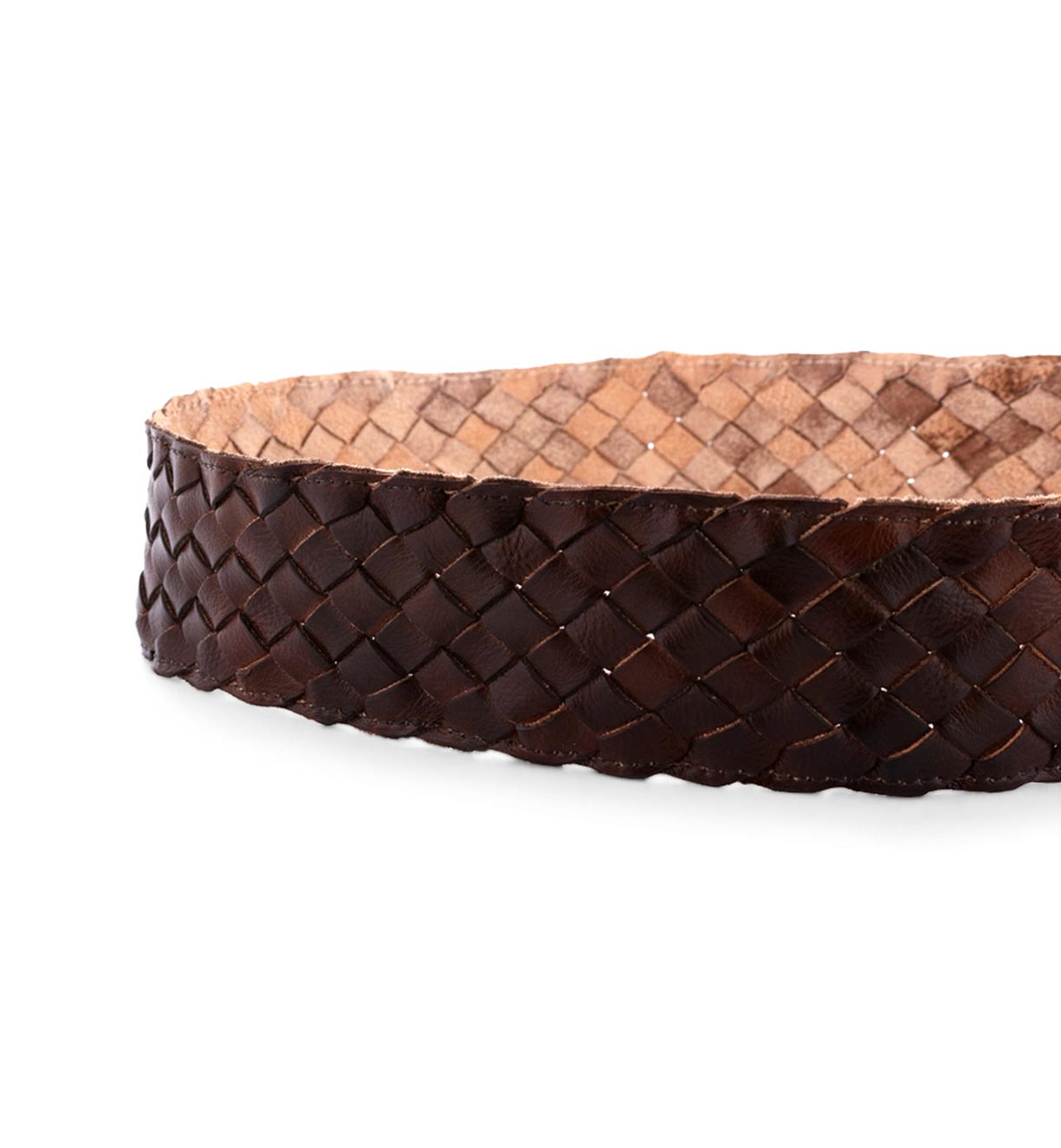 A brown leather Dreamweaver belt with a woven pattern by Bed Stu.