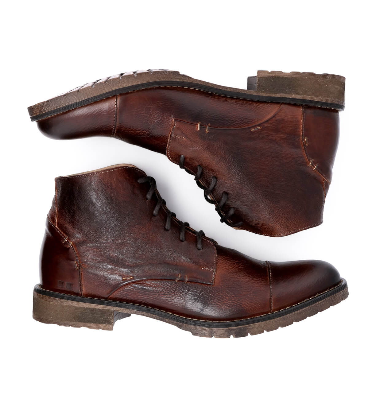 A pair of Bed Stu Dreck brown leather boots on a white background.
