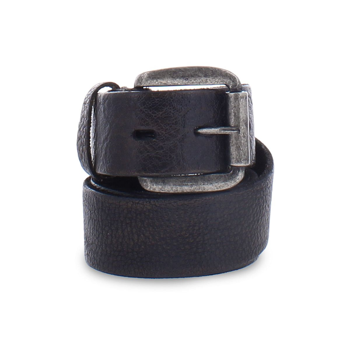 The Drifter belt by Bed Stu, featuring clean and solid black leather and a worn silver buckle, rolled up against a white background, adds dapper appeal to any ensemble.