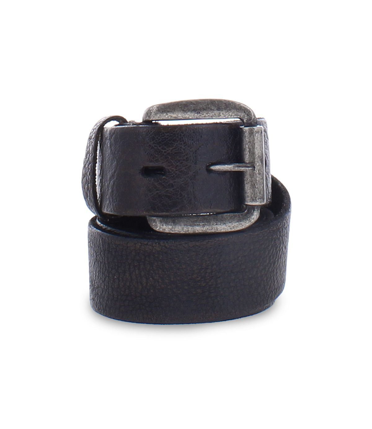 The Drifter belt by Bed Stu, featuring clean and solid black leather and a worn silver buckle, rolled up against a white background, adds dapper appeal to any ensemble.