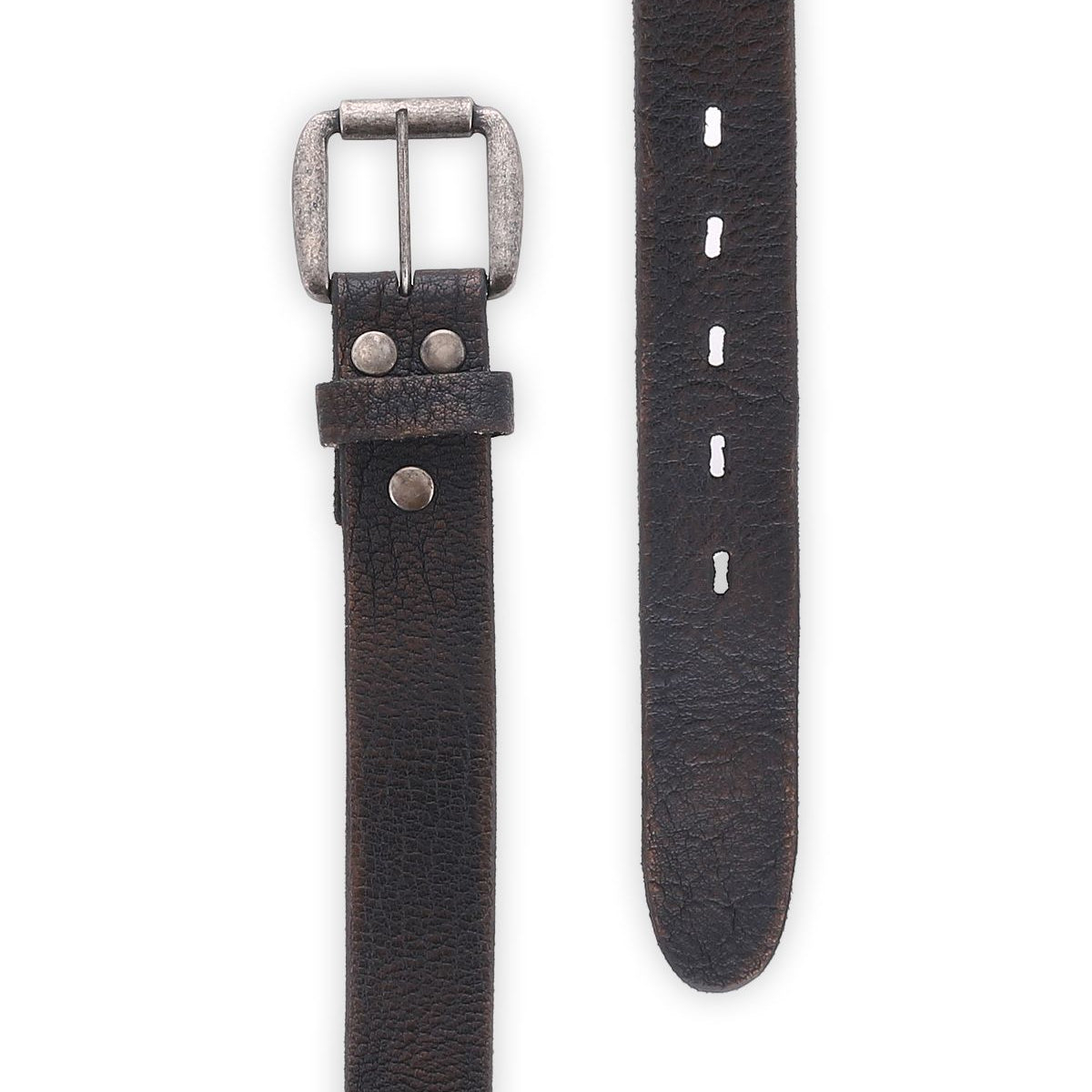 The Drifter by Bed Stu is a brown leather belt featuring a silver metal buckle and multiple holes for size adjustment. The leather's slightly worn texture offers a clean and solid appearance, making it an ideal dapper weekend accessory.