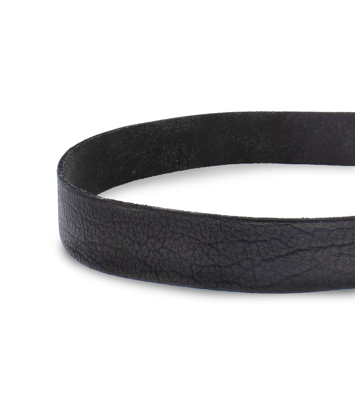 Close-up image of the Drifter black leather belt by Bed Stu, featuring a visible textured surface that showcases its clean and solid design—a perfect weekend accessory that adds dapper appeal.