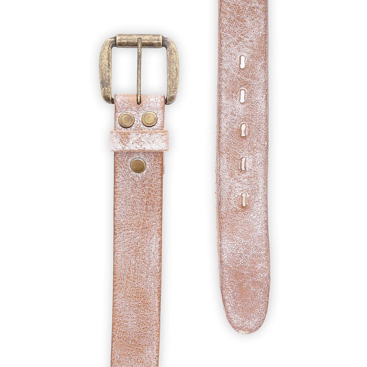 The Drifter by Bed Stu is a light brown leather belt featuring a metallic buckle and multiple punch holes for adjustment, making it the perfect weekend accessory.