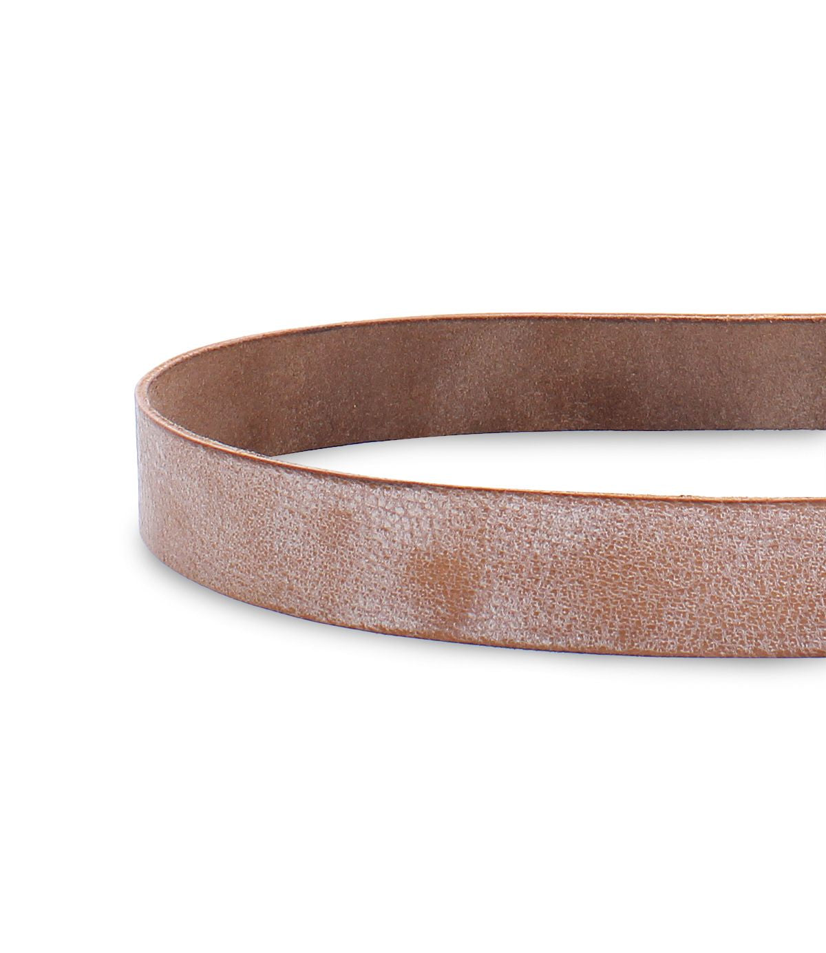 A close-up image of the Drifter brown leather belt by Bed Stu, laid flat in an oval shape on a white background, showcasing its dapper appeal as the perfect weekend accessory.