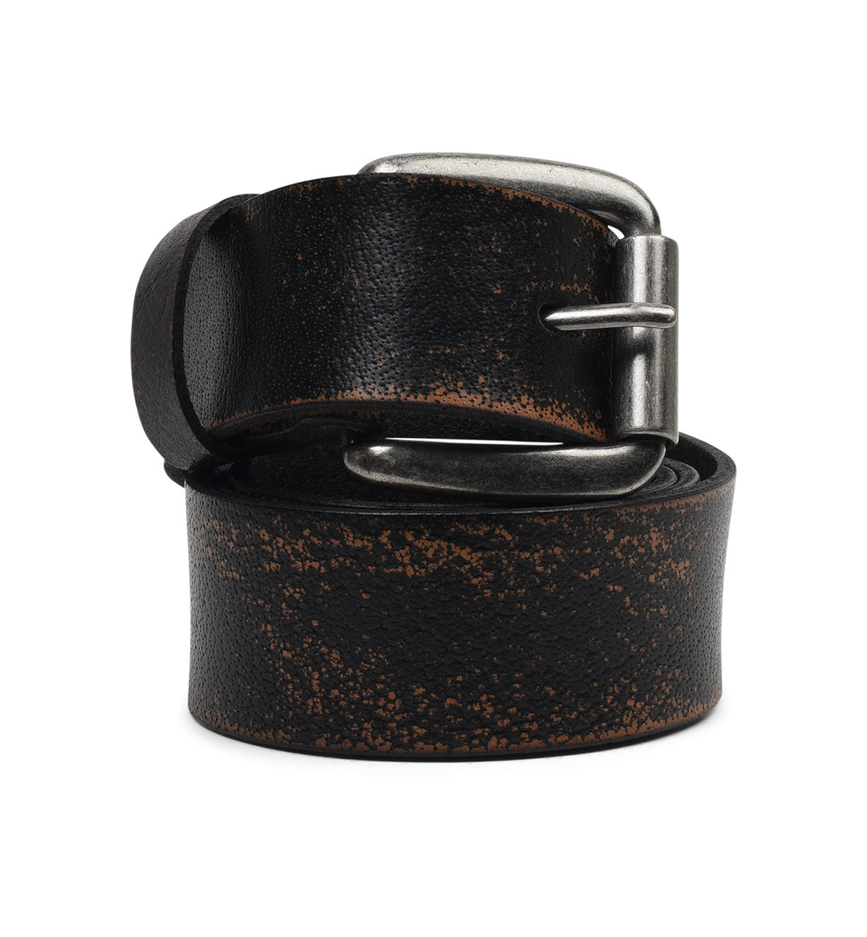 A black leather Drifter belt on a white background, by Bed Stu.