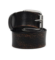 A black leather Drifter belt on a white background, by Bed Stu.
