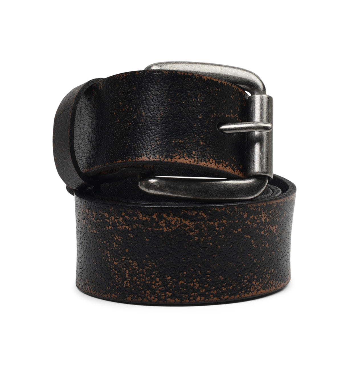 A black leather Drifter belt on a white background, by Bed Stu.