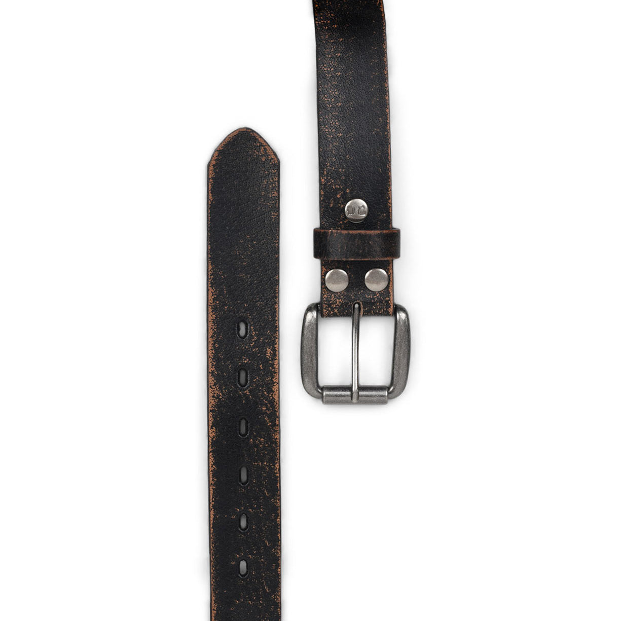 A black leather Drifter belt on a white background by Bed Stu.
