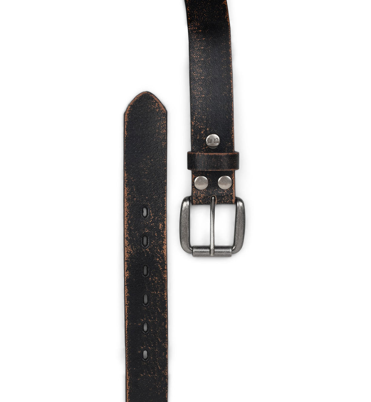 A black leather Drifter belt on a white background by Bed Stu.
