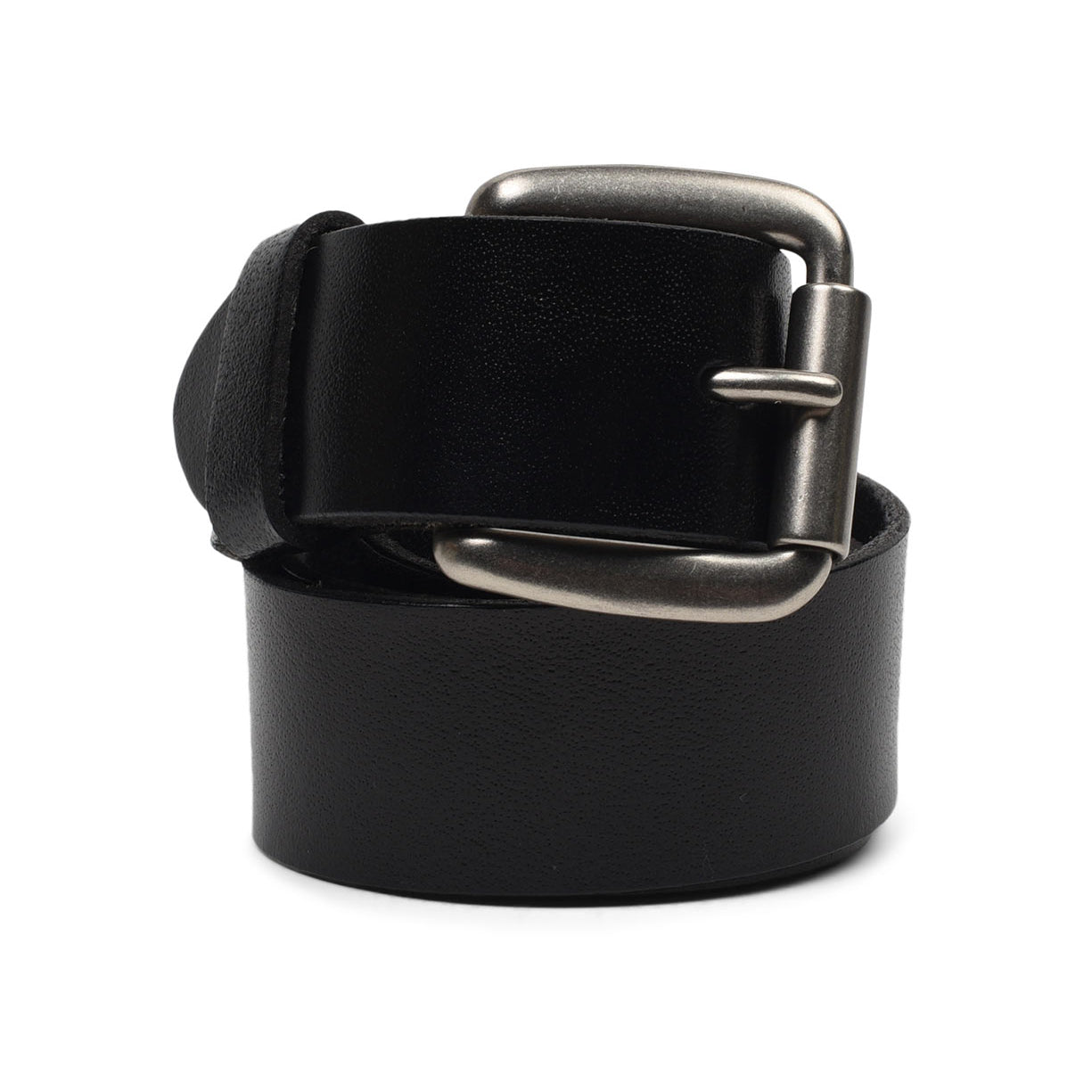 A black leather Drifter belt on a white background, by Bed Stu.