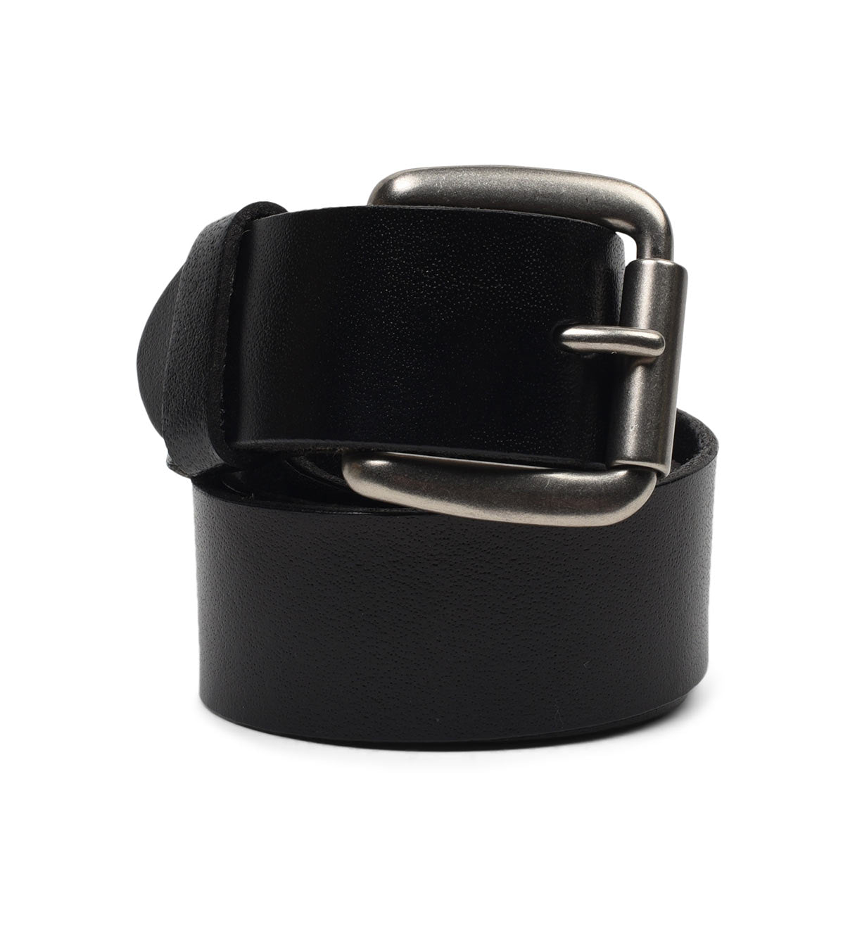 A black leather Drifter belt on a white background, by Bed Stu.