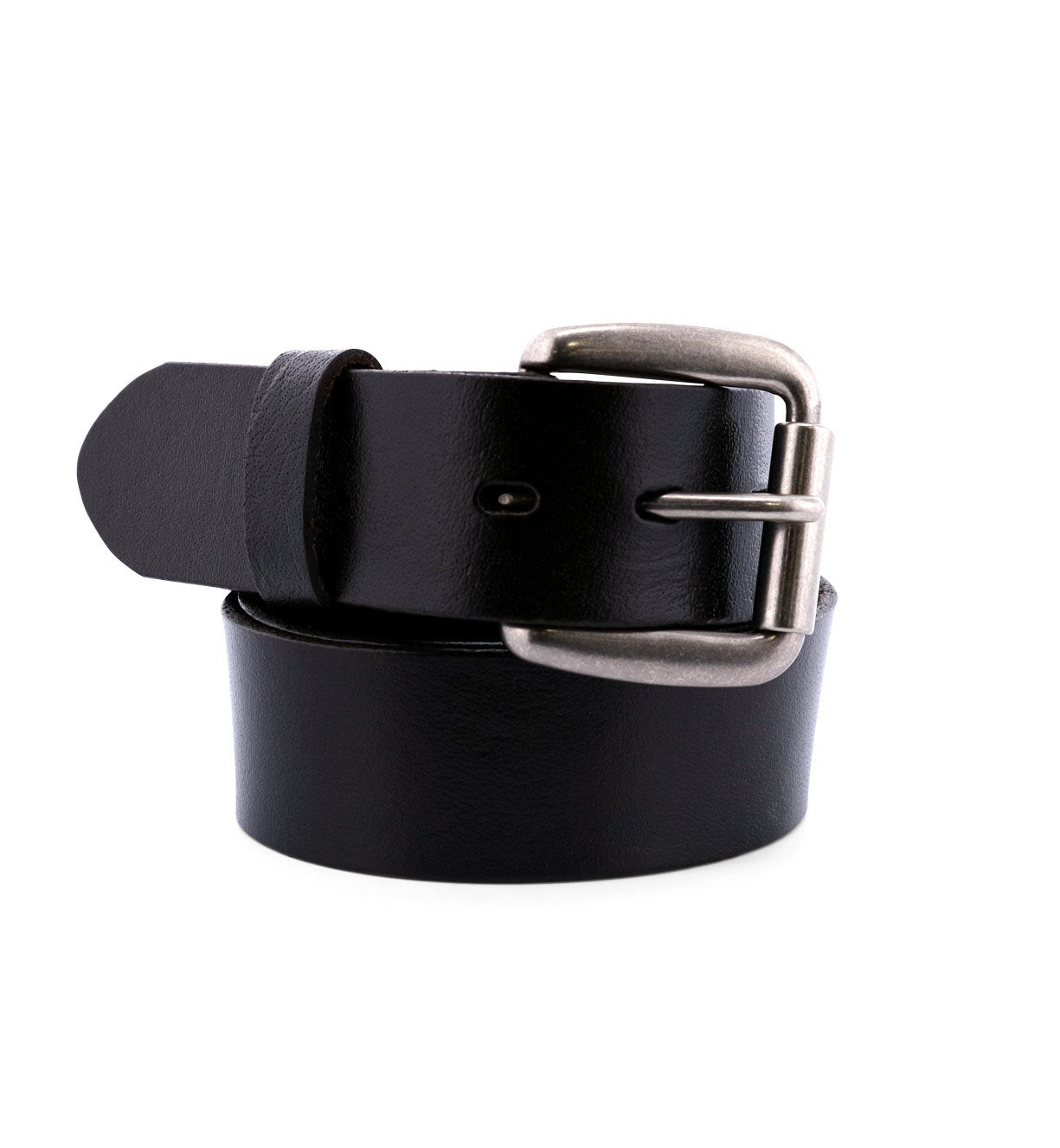 A Drifter belt by Bed Stu, made of black leather, on a white background.