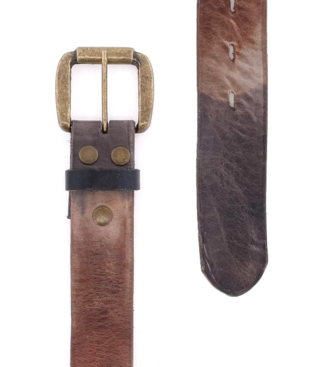 A brown leather Drifter belt with a brass buckle by Bed Stu.