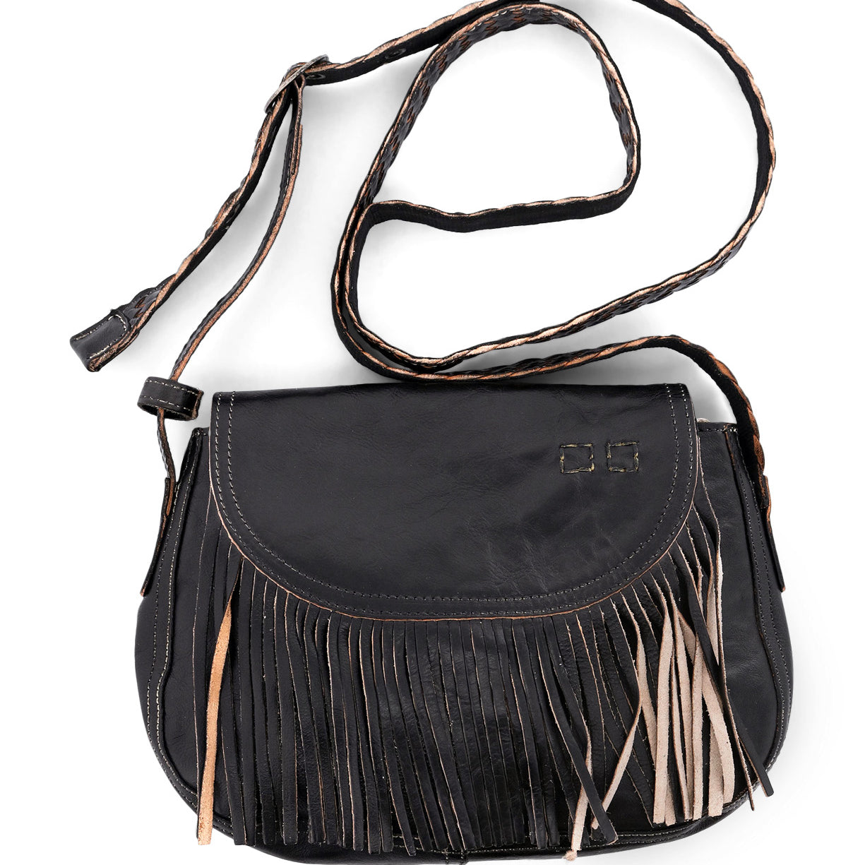 A black Eastend purse with fringes on it from the Bed Stu brand.