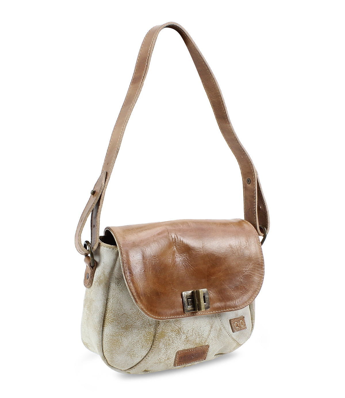 The Elect by Bed Stu is a chic beige and brown leather shoulder bag with a flap closure and adjustable strap, exuding vintage charm.