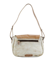 Explore the Elect by Bed Stu, a chic beige and brown leather shoulder bag featuring a front zipper pocket for style and convenience. With an adjustable shoulder strap, this bag combines modern functionality with vintage charm.