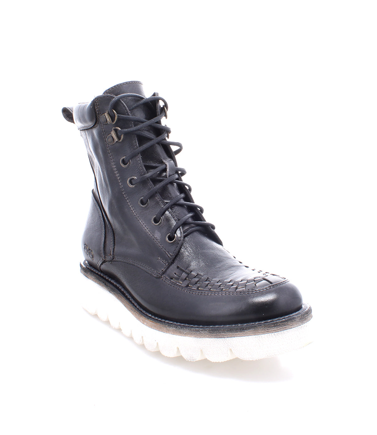 A black leather boot with a white sole, the Elisha II by Bed Stu.