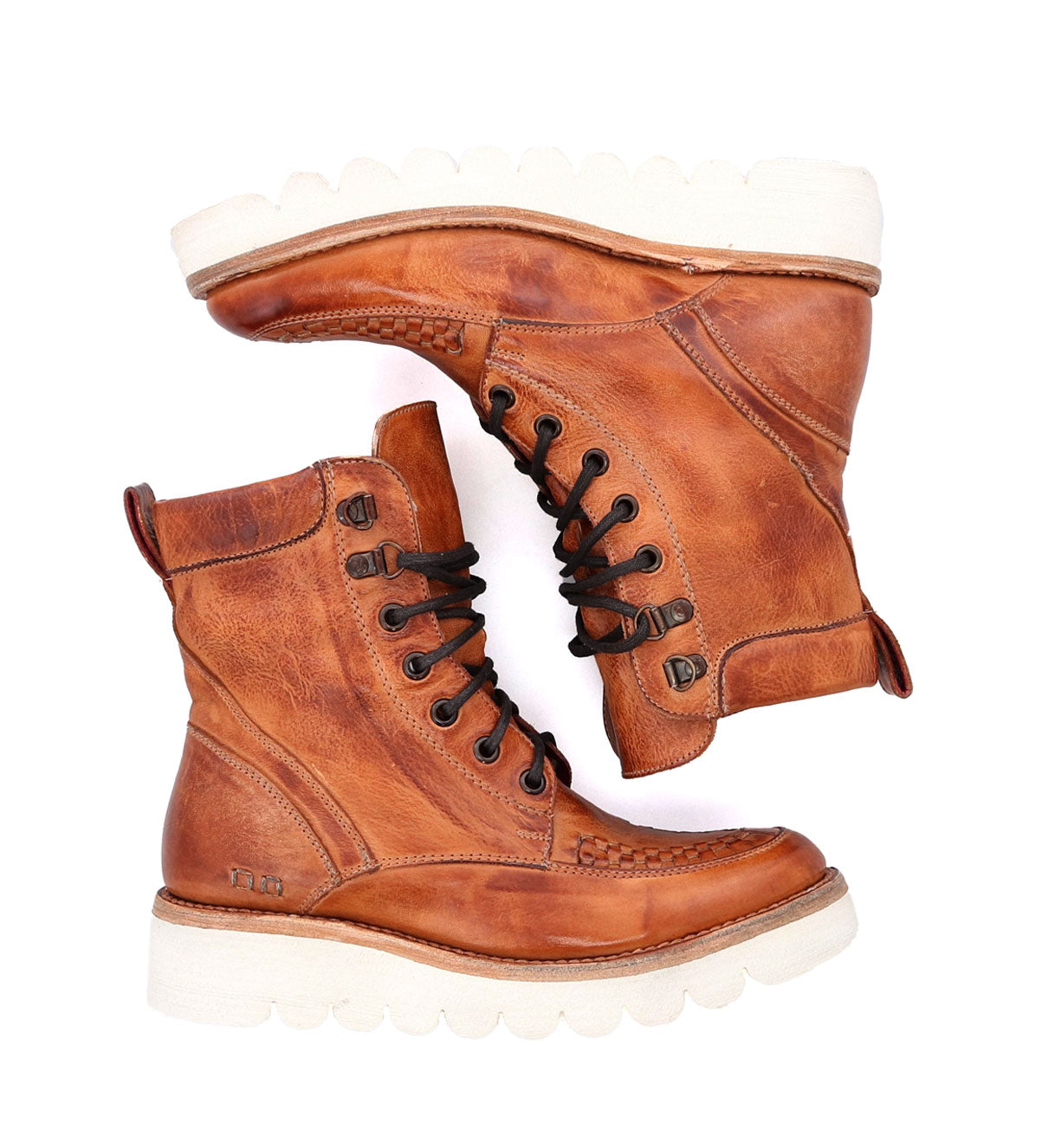 A pair of Bed Stu Elisha II brown leather boots on a white background.