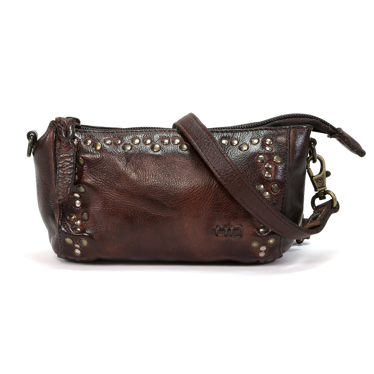 A compact brown leather Encase cross body bag adorned with metal studs. (Brand: Bed Stu)