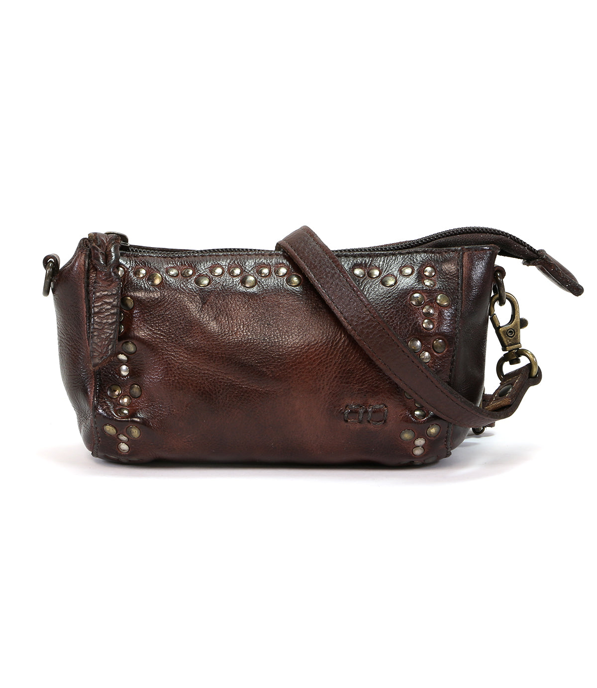 A compact brown leather Encase cross body bag adorned with metal studs. (Brand: Bed Stu)