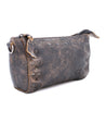 A brown leather Encase cosmetic bag with a zipper, by Bed Stu.