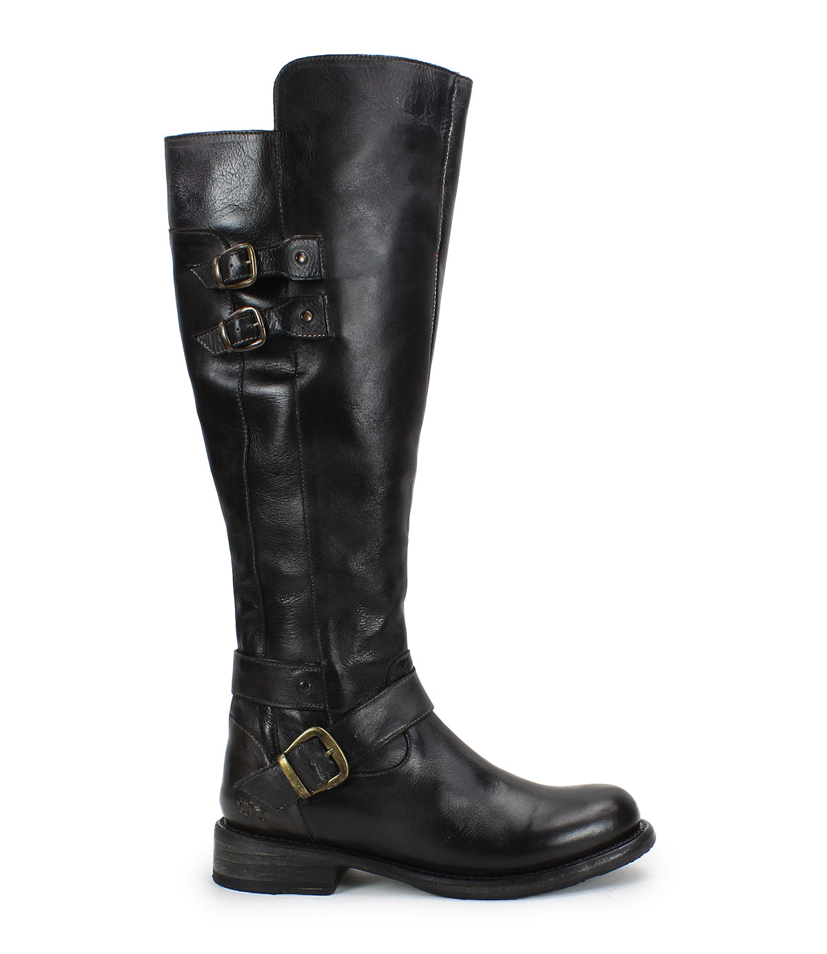 The Bed Stu Essence is a tall black knee-high riding boot with hand-finished leather, three brass buckles, a low stacked heel, and a slightly rounded toe, shown in side profile on a white background.