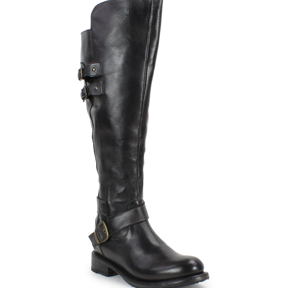 The Essence by Bed Stu is a tall, knee-high boot made from hand-finished leather, with a low heel, decorative ankle and calf buckles, and a rounded toe for classic equestrian style.