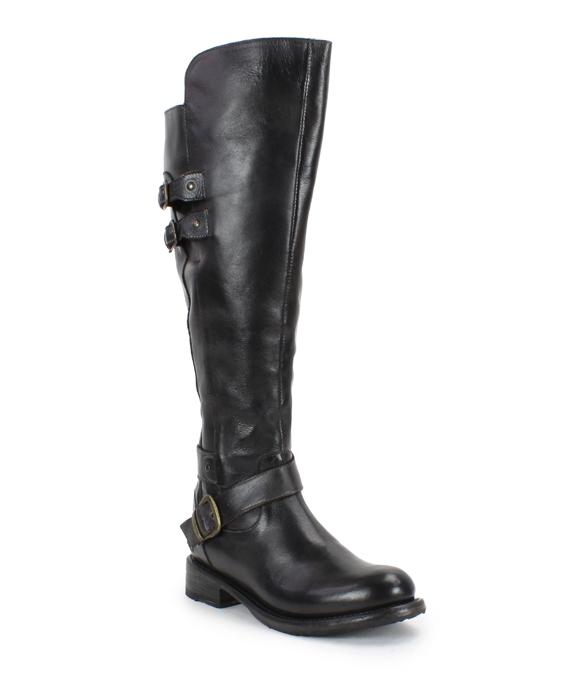 The Essence by Bed Stu is a tall, knee-high boot made from hand-finished leather, with a low heel, decorative ankle and calf buckles, and a rounded toe for classic equestrian style.
