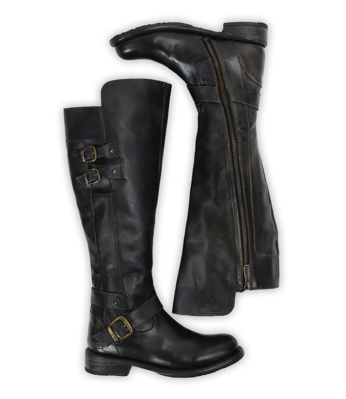 The Bed Stu Essence boots are black knee-high riding boots in hand-finished leather, featuring side buckles and zippers, shown from both outer and inner side views.