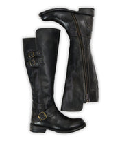 The Bed Stu Essence boots are black knee-high riding boots in hand-finished leather, featuring side buckles and zippers, shown from both outer and inner side views.