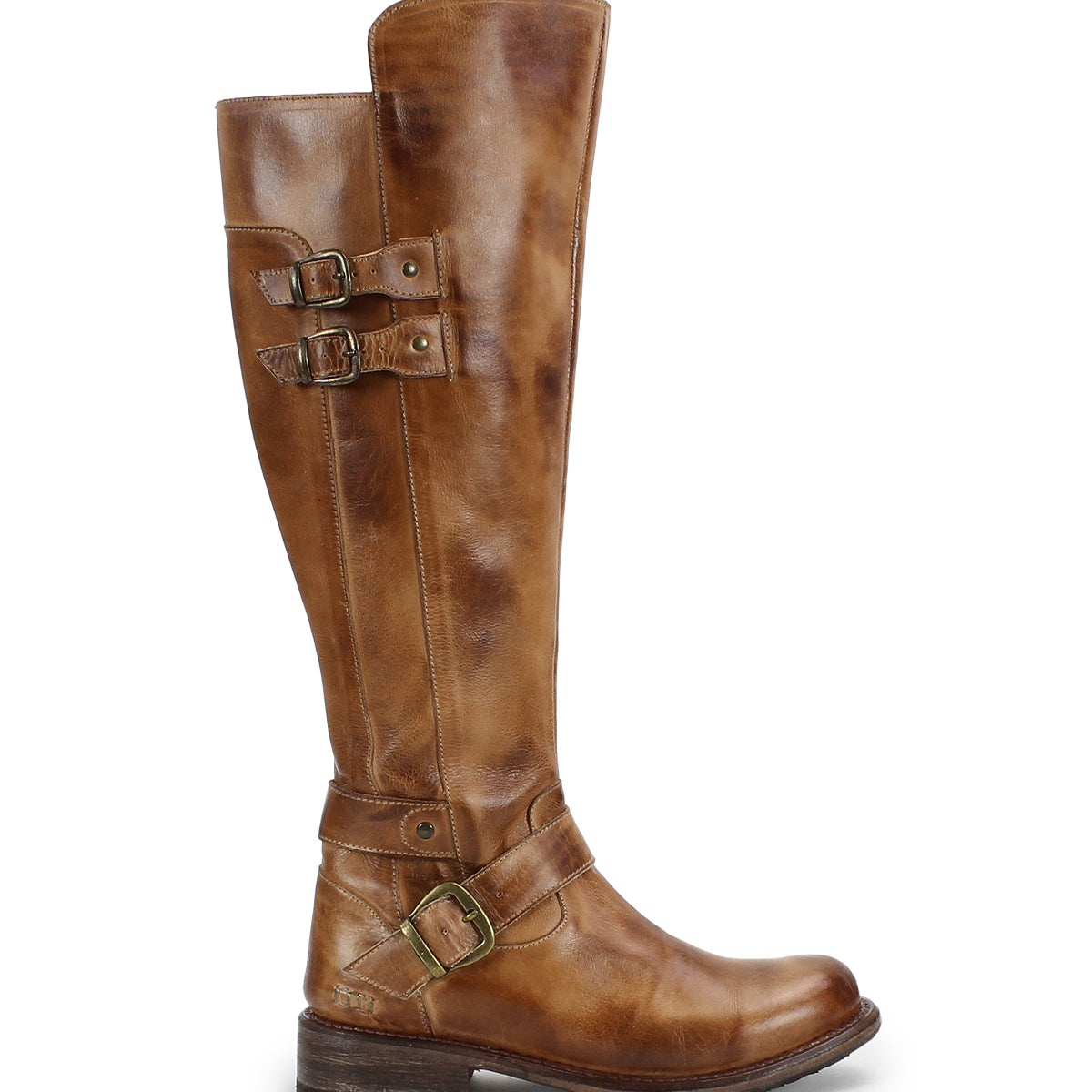 The Essence boot by Bed Stu is a knee-high, hand-finished leather riding boot with three buckled straps and a low heel, shown in profile facing right against a plain white background. Classic equestrian details complete the look.