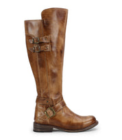 The Essence boot by Bed Stu is a knee-high, hand-finished leather riding boot with three buckled straps and a low heel, shown in profile facing right against a plain white background. Classic equestrian details complete the look.