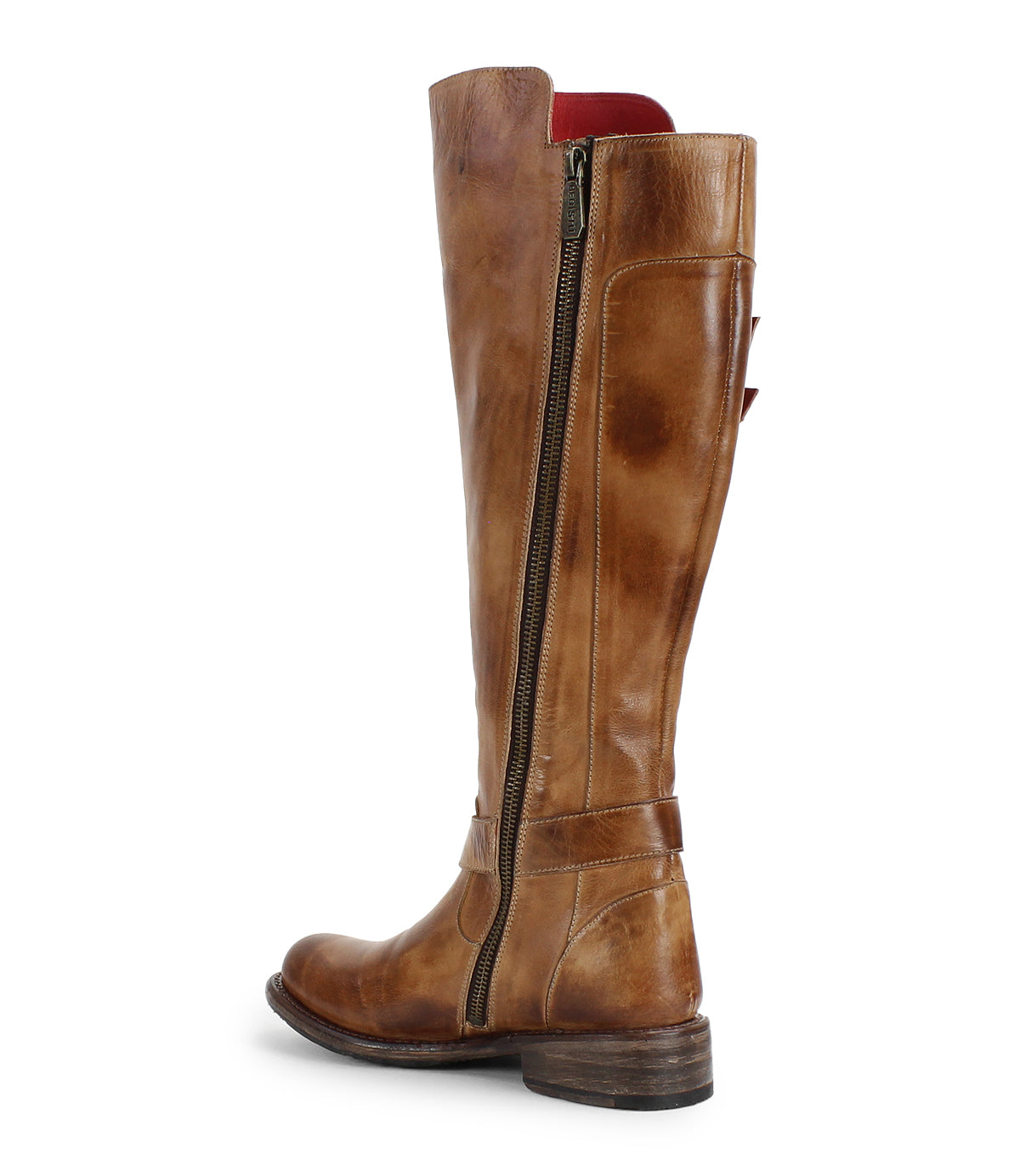 Side view of the Bed Stu Essence knee-high boot, crafted from hand-finished leather with equestrian-inspired details, a side zipper, stacked heel, and a slightly worn finish.