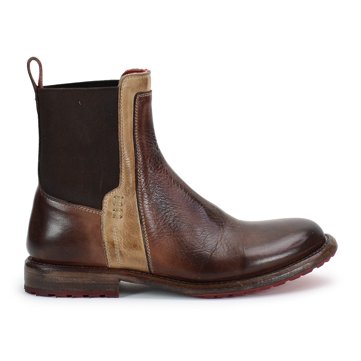 The Bed Stu Ethic is a brown vegetable-tanned leather Chelsea boot featuring a black elastic side panel, tan leather accent, back pull tab, and a slightly worn sole.