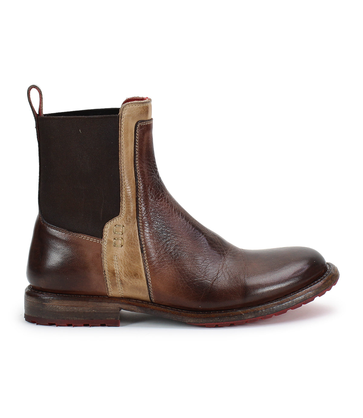 The Bed Stu Ethic is a brown vegetable-tanned leather Chelsea boot featuring a black elastic side panel, tan leather accent, back pull tab, and a slightly worn sole.