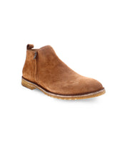 The Evade by Bed Stu, a brown suede ankle boot handcrafted in Italy with dual zippers and a rugged sole, is displayed from an angled side perspective against a white background.