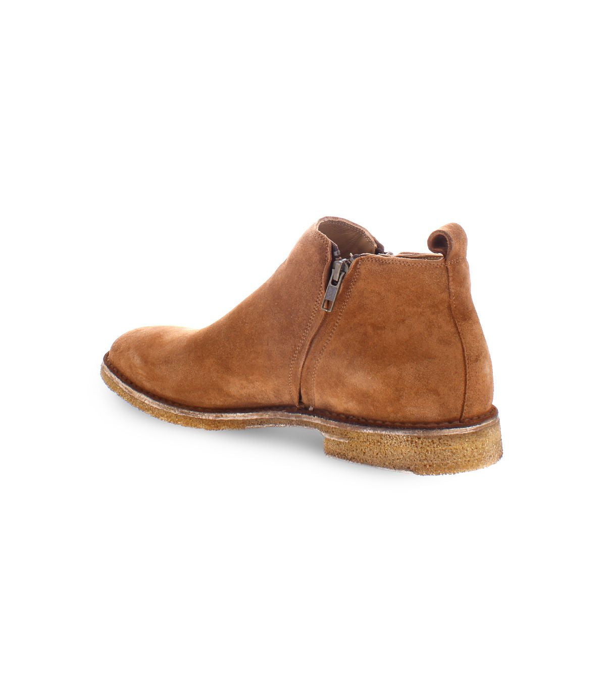 A single Evade brown suede ankle boot by Bed Stu, handcrafted in Italy, featuring a side zipper and a textured rubber sole.