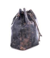A black leather Eve bucket bag on a white background. (Bed Stu)