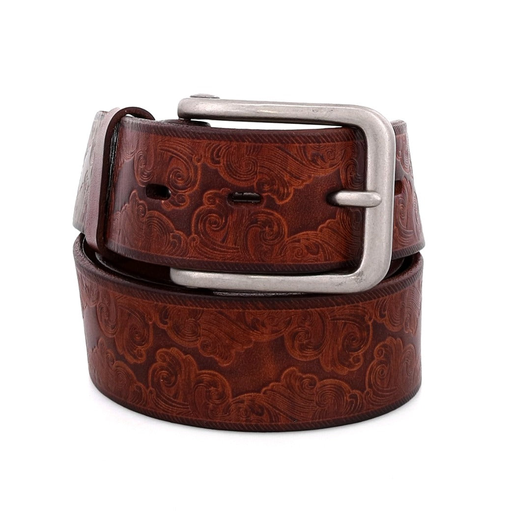 A brown leather Everton belt with a silver buckle from Bed Stu.